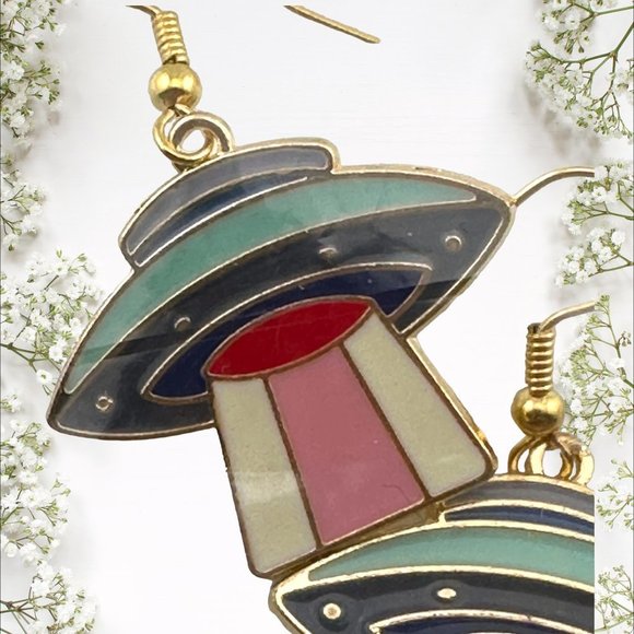 UFO Enamel Earrings Gold Plated Fish Hook Ear Wires Spaceship Earrings - Picture 2 of 10